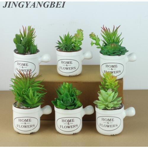 Ceramics Drum potted bonsai Mix Succulent plant Artificial cactus with vase set fake Flower desktop plants windowsill decoration