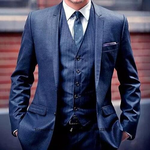 Classic Navy Blue Mens Suits Formal Business Blazer Vintage Wedding Groom Tuxedo 3 Piece Sets Costume Homme (Jacket+Vest+Pants)