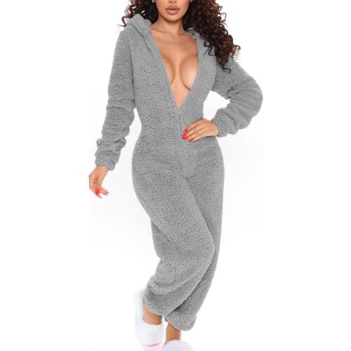 Autumn And Winter One-Piece Pajamas Solid Color Plush Hooded Long-Sleeved Warm Home Jumpsuit With Ears Plus Size For Woman