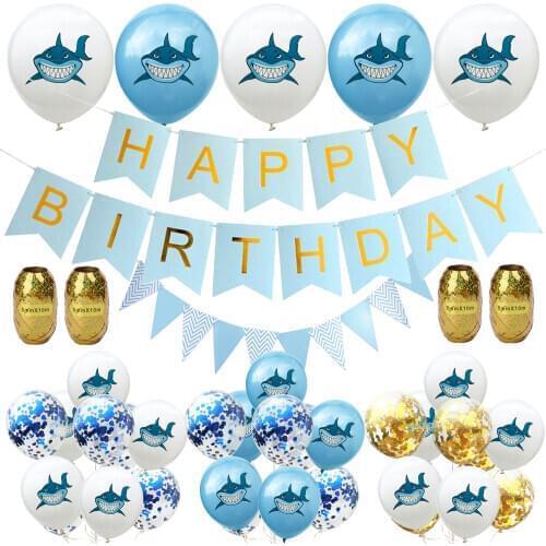 ZLJQ Shark Splash Party Decorations Shark 12" confetti latex Balloons happy Birthday Banner for Underwater World Birthday Party