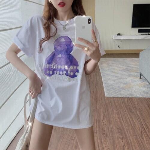 Summer new style fun loose heavy industry diamond-studded printed sleeve short-sleeved T-shirt female college style female