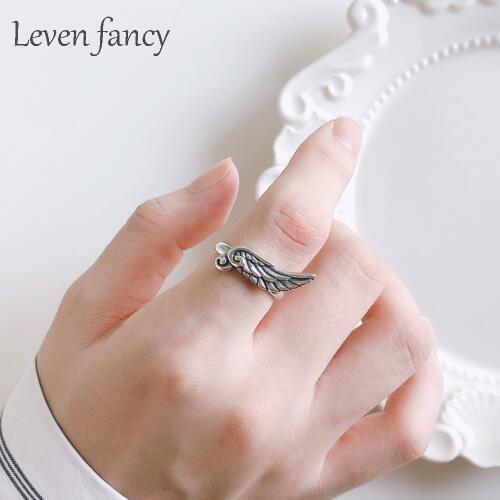 Leven Fancy / Retro 925 Sterling Silver Single Adjustable Angel Wings Ring for Women Female Engagement Rings University Girls
