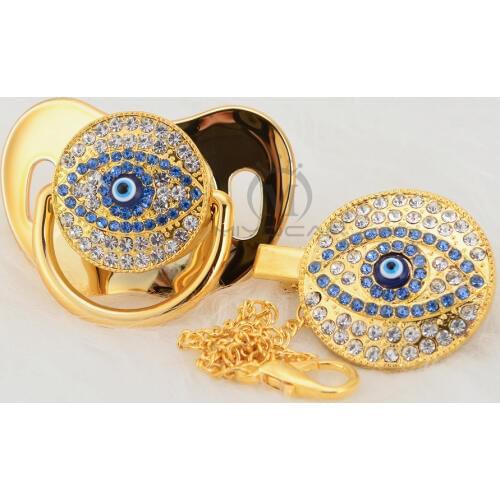 MIYOCAR Bling evil eye pacifier and clip set pacifier chain holder bling blue lovely eye pacifier unique design AEYE-1
