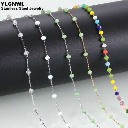 Fashion Stainless Steel Necklaces For Women Girl Round Multicolor Crystal Bead Chains Link Ladies Jewelry Wedding Gift