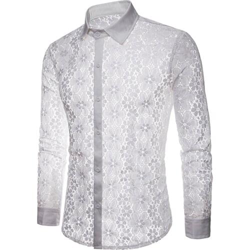 Iiniim Men Fashion Summer Street Pattern See-through Lace Shirt Party Clubwear Turn-down Collar Long Sleeve Button Shirts