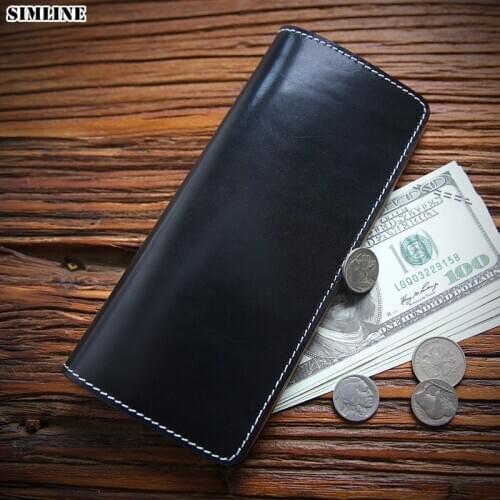 SIMLINE 2020 New 100% Genuine Leather Wallet For Men Male Vintage Handmade Mens Long Bifold Slim Wallets Purse With Card Holder