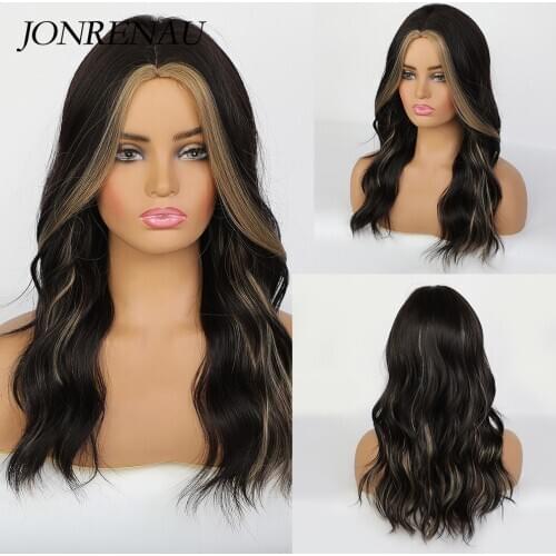 JONRENAU Middle Part Black Brown Wigs with Highlights for Black Women Afro Natural Wave Synthetic Hair Cosplay Party Daily wig