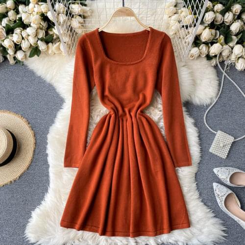 Teeuiear Slim Autumn Knitted Sweater short Dress vestido de fiesta Vintage Winter Party stretch square collar Women a-line dress