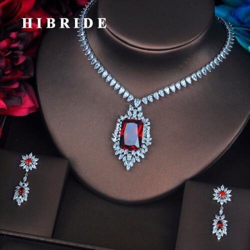 HIBRIDE Luxury Red Crystal CZ Stone Jewelry Sets For Women Bride Necklace Set Wedding Dress Accessories Wholesale Price N-387