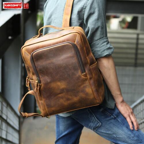 Retro Men Backpack Computer Bag 15 Inch Laptop Shoulder Bags Mens First Layer Cowhide Large Capacity Simple Crazy Horse Leather
