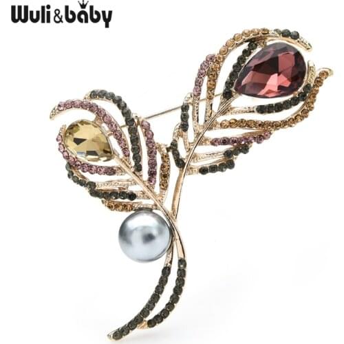 Wuli&baby Pearl Rhinestone Feather Flower Brooches For Weddings Banquet Office Women Brooch Pins Gifts