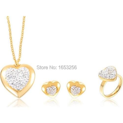 Ladies New High Quality Drill Crystals Heart Love Design Stainless Steel Pendant Necklace & Earring & Ring Set Gold