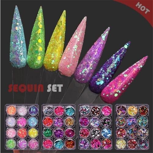 12Box/Set Holographics Nail Sequins Chameleon Laser Glitter Flakes Dots Glitter Powder Gel Polish Paillette Tool Decor Manicure