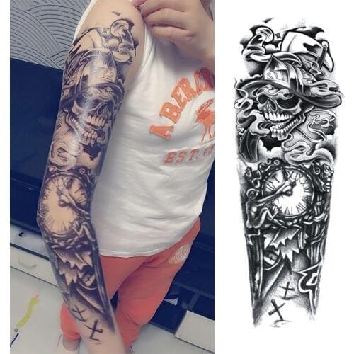 2017 Temporary Tattoo Sticker Skull clock Full Flower Tattoo with Arm Body Art Big Large Fake Tattoo Sticker