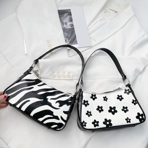 2021 Women Underarm Bag PU Leather Retro Zebra Flower Handbags Fashion Small Shoulder Bags Casual Female Zipper Tote Handbag