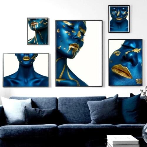 Abstract Female Face Neck Blue Gold Poster Art Luxury Interior Large Studio Loft Frameless Furniture Decoration Painting
