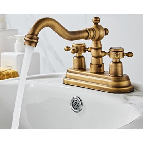 Antique Brass Deck Mounted 4" Centerset Dual Handle Two Holes Bathroom Faucet Swive Spout Basin Sink Mixer Taps
