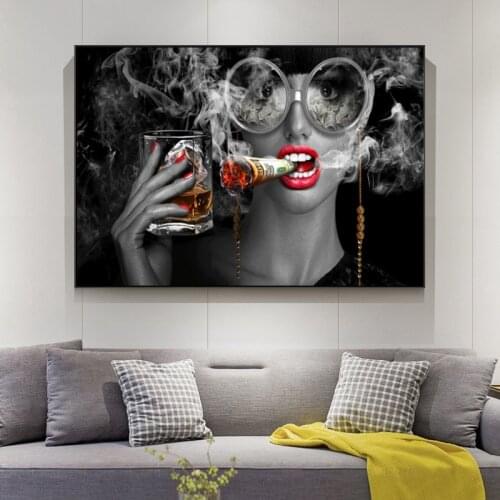 Bar Wall Decor Cool Smoking and Drinking Gril Poster Print on Canvas Fashion Makeup Woman Wall Pictures Home Decoration No Frame