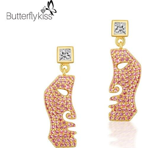 BK 925 Sterling Silver Stud Earrings For Women With Pink Zircon Human Face Wedding Engagement Unusual Earrings Fine Jewelry