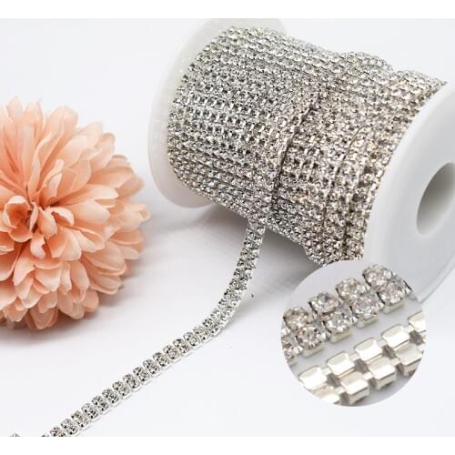 3mm Double Row Silver Base White Color Glass Crystal Rhinestones Chain for DIY Clothing Decoration