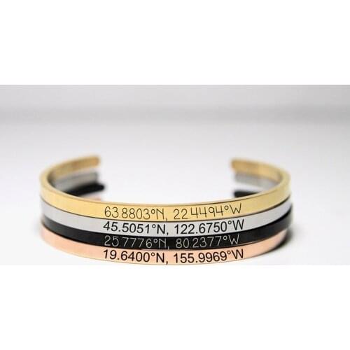 Customized Personalized 4mm Width Laser Engrave Coordinates Bracelet Stainless Steel Cuff Bangles Bar Necklace Gift for Lovers