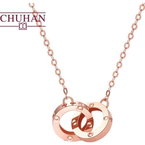 CHUHAN Classic Round Double Ring 18k Rose gold Necklace bracelet Female Simple Pendant Gypsophila bracelet Real Au750 logo