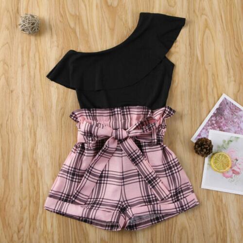 2-7Y Toddler Baby Girls Clothes Sets One Asymmetric Shoulder Ruffles T Shirts Tops+Plaid Print Belt Bow Shorts 2pcs