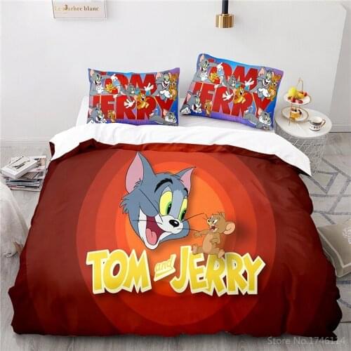 Lovely Tom & Jerry Cat Mouse 3D Duvet Cover Set Kids Boys Girls Cartoon Bedding Set Queen King Size Bedclothes for Home Bedroom