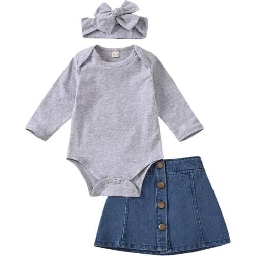 0-24M Baby Clothing Sets 3Pcs Rompers Autumn Baby Girls Clothes Sets Solid Long/Short Sleeve Romper Tops Denim Skirts Headband