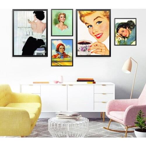 Beautiful Retro Women Illustrations Canvas Art Prints And Poster 1970s Women Portrait Painting Wall Pictures Living Room Decor