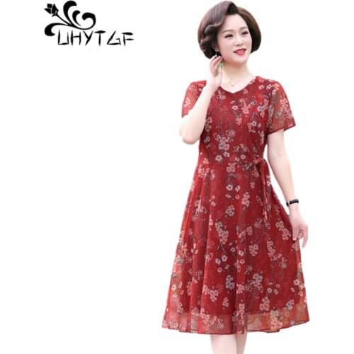UHYTGF Middle-Aged Mother Summer Dress Women Fashion Print Short Sleeve Elegant Female Clothes Casual 5XL Plus Size Dresses 1247