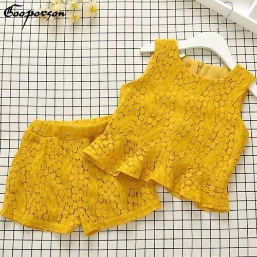 Fashion 2019 Girls Clothes Set Yellow Hallow Out Sleeveless Shirt and Shorts 2 Pcs Children Clothing Suit Elegant Sets