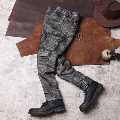 2021 Vintage Grey Men Bikers Leather Trousers Large Size XXXXL Genuine Cowhide Autumn Slim Fit Motorcycle Leather Pants