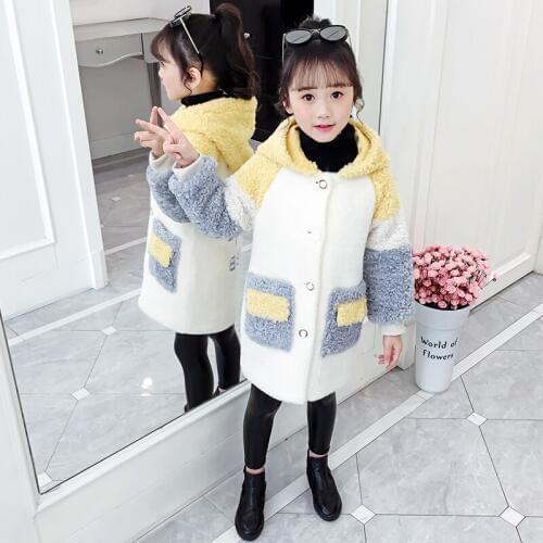 New Girls Wool Coat Fall Winter Childrens Thickened Soft Mink Fur Hooded Outerwear Kids Cute Color Contrast Woolen Jacket P335