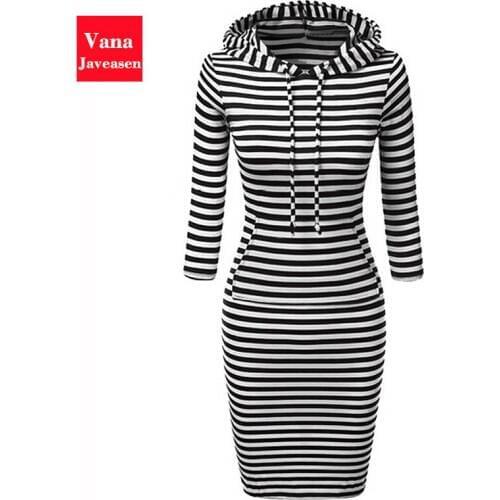 Autumn Warm Sweatshirt Stripe Long-sleeved Dress Women Clothing Drawstring Hooded Collar Pocket Design Pullovers Woman Vestidos
