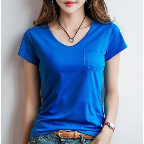 Grace&Taste Summer OL T-Shirt Solid Color 95 Cotton Fit V-Neck Pocket Tees Short Sleeve Tee Women Simple Casual Top Base