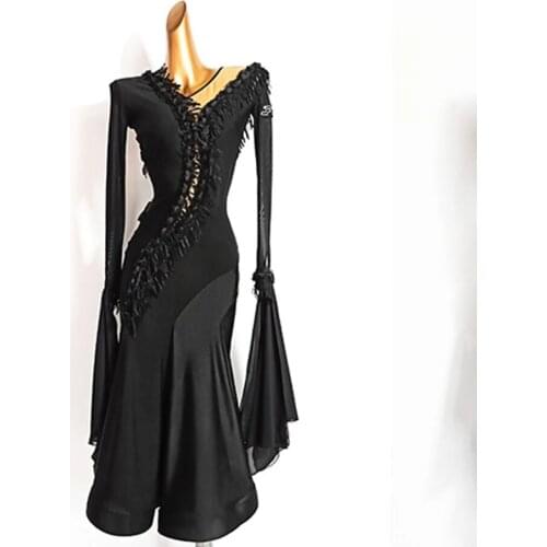 2021 New Latin Dance Dress Women V Neck Patchwork with Armwear Performance Modern Dance Dress Latino Dancewear