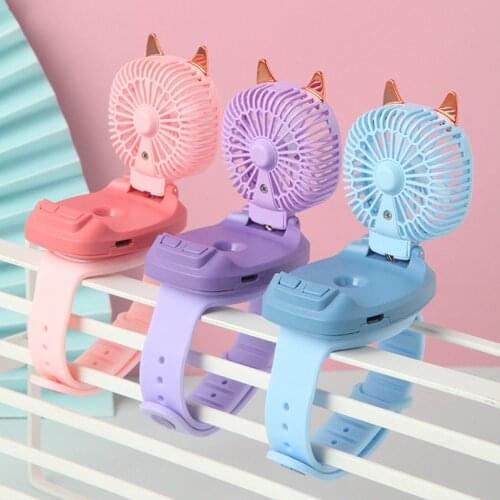 360° Rotation Outdoor USB Rechargeable Small Fan For Kids Wrist Strap Mini Hand Held Fan Cat Design Colorful LED Lights