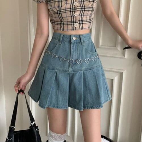 Korean sexy girl denim skirt summer casual solid high waist sweet vintage pleated skirt female streetwear Harajuku A-line skirt