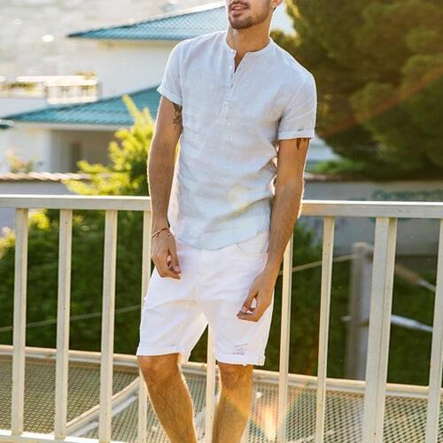 Meihuida 2019 Fashion Mens Linen Short Sleeve Shirts Summer Solid Casual Shirts Loose Basic Tops