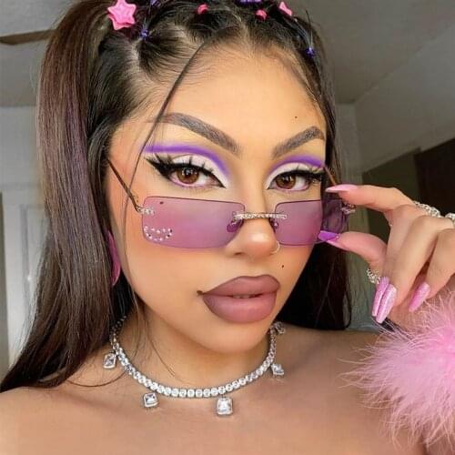 Luxury Small Rectangle Rhinestone Sunglasses Women Purple Crystal Shades Rimless Sun Glasses Female Ocean Lens zonnebril dames