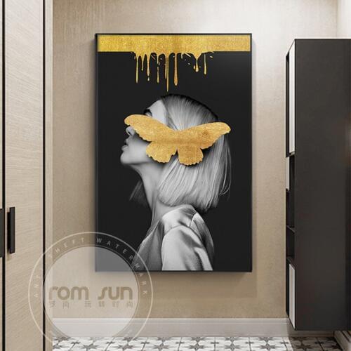 Modern Beauty with Golden Butterfly Painting Wall Pictures for Living Room Lady with Orange Cap Wall Art Poster Canvas Painting