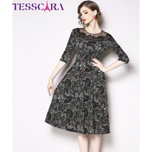TESSCARA Women Autumn Elegant Dress Festa Female High Quality Vintage Lace Designer Vestidos Fashion Office Ladies Party Robe