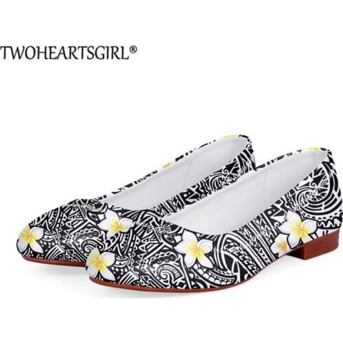 Slip On Womens Loafers Black Polynesian Tribal Printed Leather Flats Hawaiian Plumeria New Female Low Top Casual Shoes Zapatos