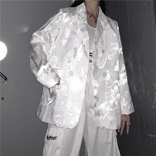 Bella Philosophy Wonder Gothic Vintage coat Long Sleeve Retro Thin Blazer For Female Chinese Dragon Print Jacket White Outwears