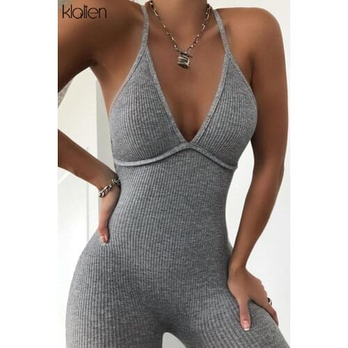 KLALIEN Summer Casual Sport Fitness Streetwear Female Jumpsuit Sexy V Neck Backless Skinny Elastic Jumpsuit Women Yoga Outfit