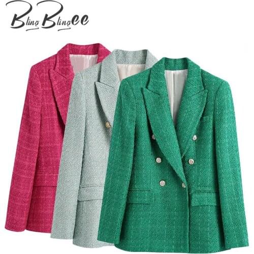 BlingBlingee Za 2021 Autumn Winter Women Traf Coats Double Breasted Tweed Woolen Jackets Female Casual Thick Green Blazers