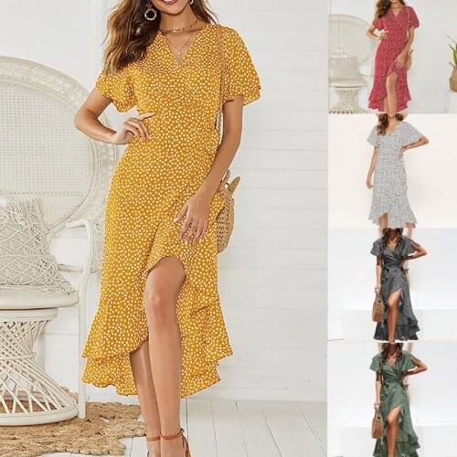 Summer Women Dress Sexy V-Neck Chiffon Print Color Dot High Waist With Belt Autumn Irregular Caual Beach Female Vestido C2944
