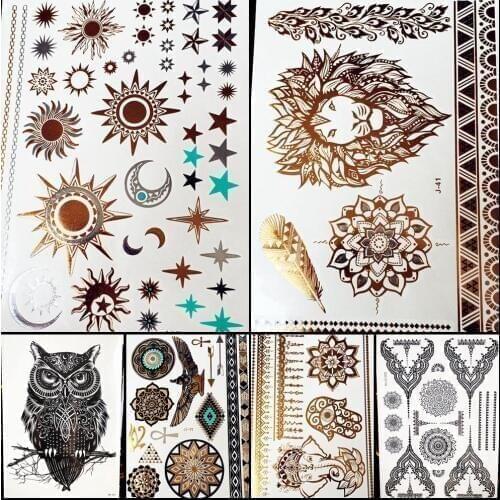1PC Gold Silver Tattoo India Sun Moon Stars Waterproof Temporary Tattoo Sticker HCT126 Black Chain Bracelet Design Flash Tattoos