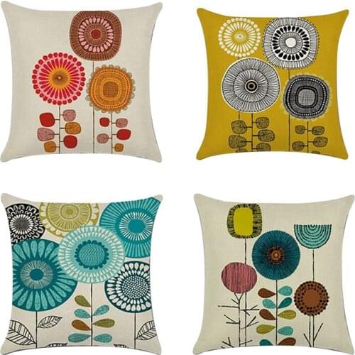 4 PCS Abstract Flowers Pillowcase Linen Pillow Cover Home Decor Square Cushion Cover Printing Pillow Case